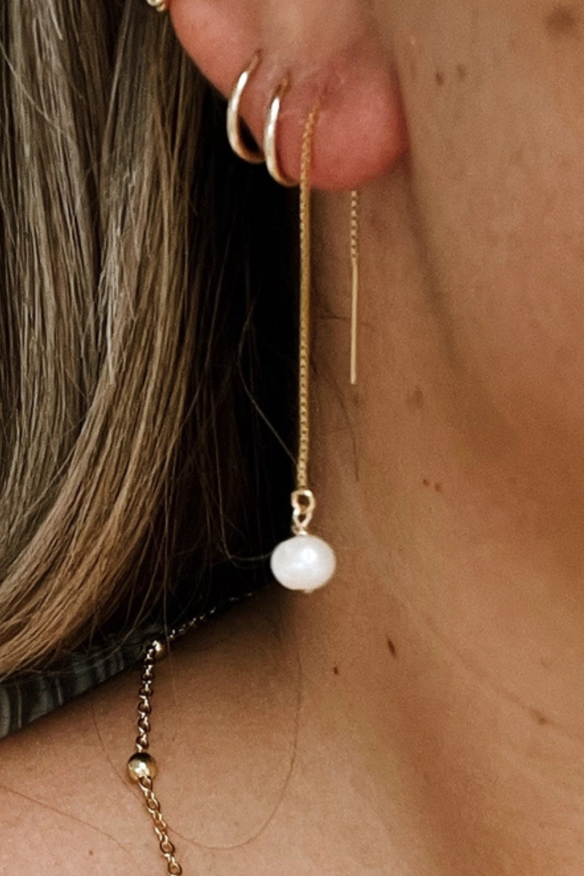 gold filled threader earring drop down pearl 