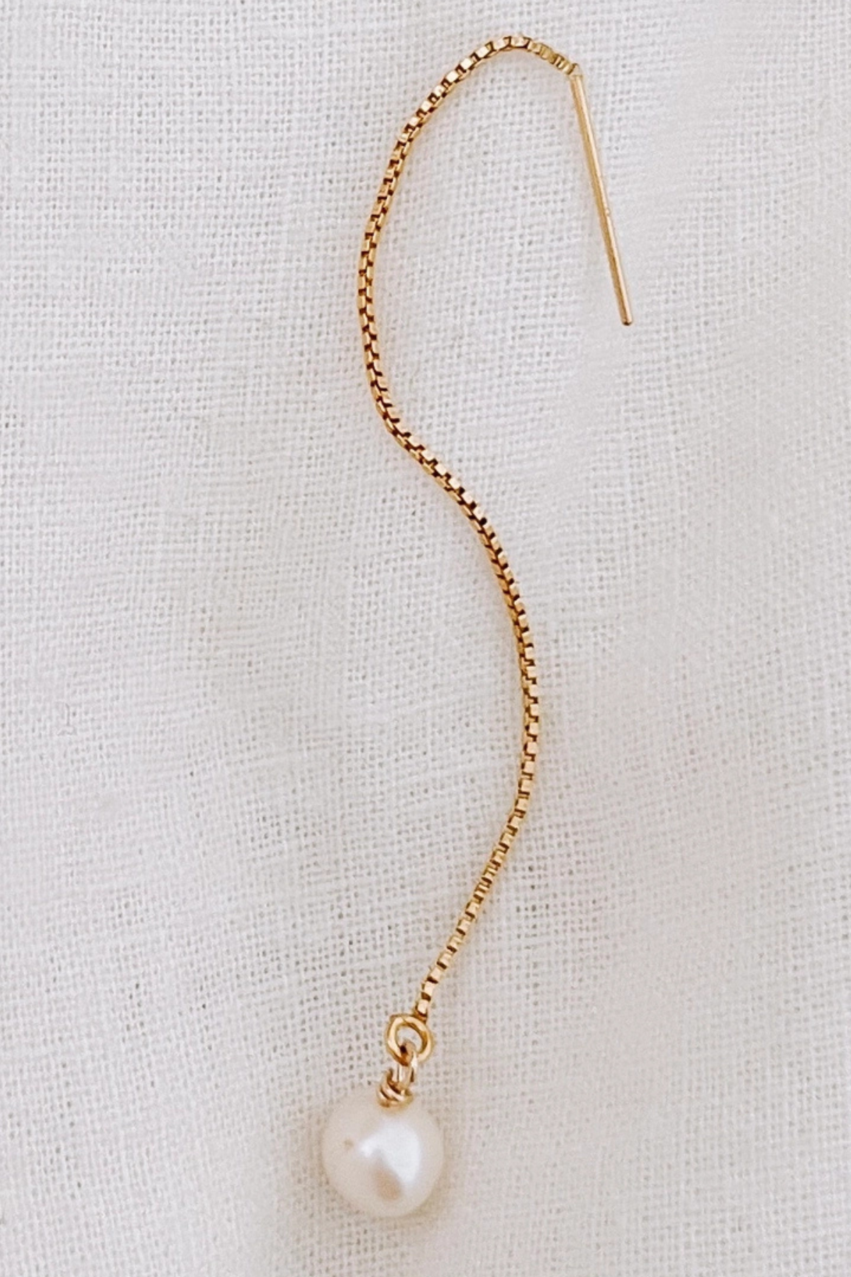 gold filled threader earring drop down pearl 