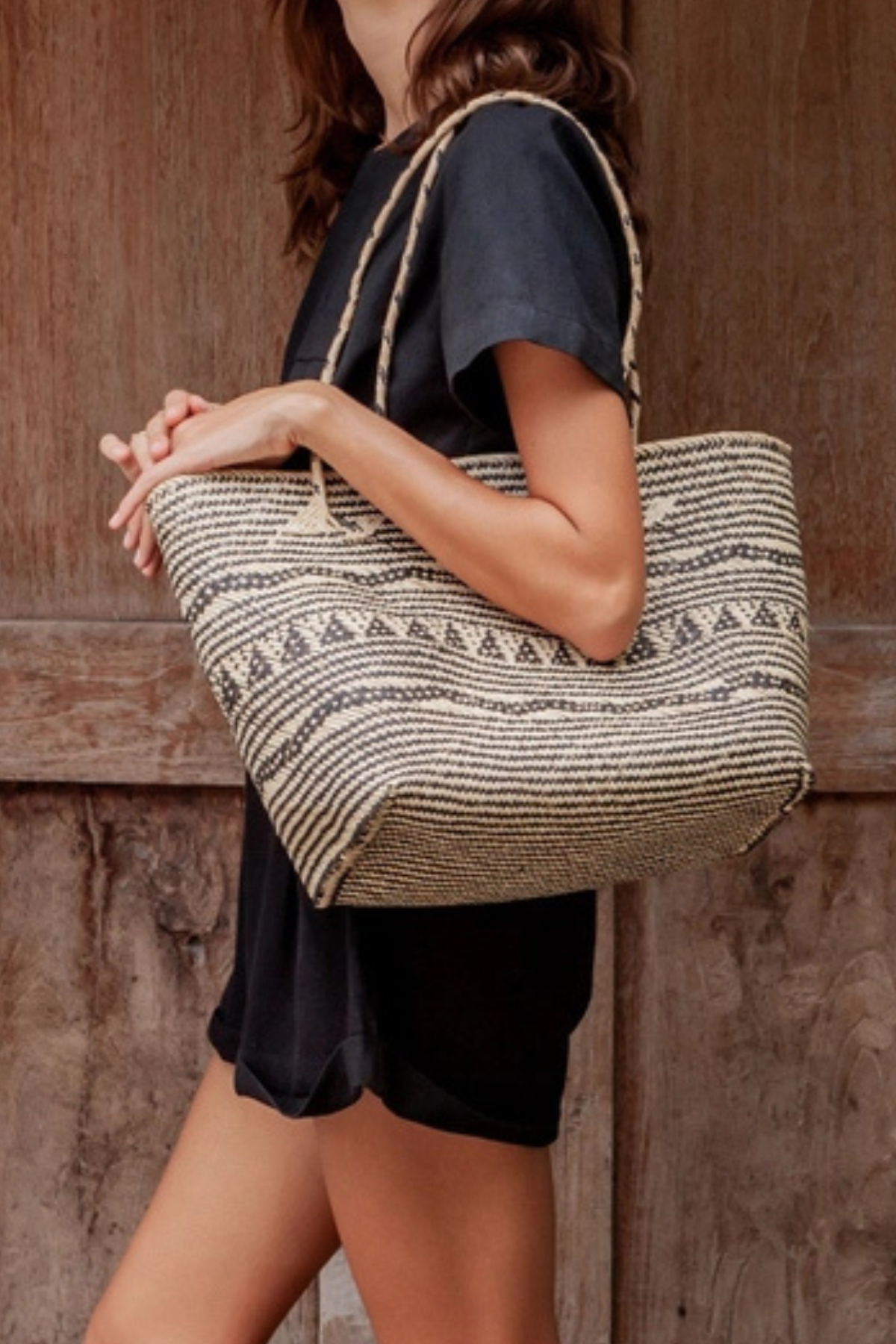 large black motif woven beach tote barnes rattan 