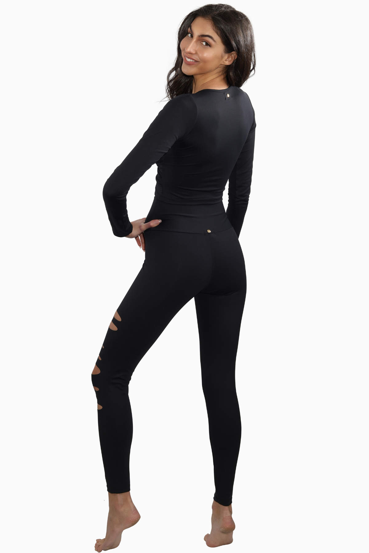 Black Athleisure Long Sleeve V Neck Top